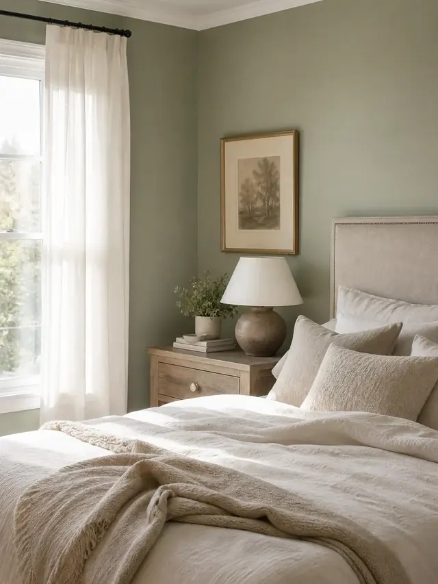 Bedroom with soft sage painted walls and white trim